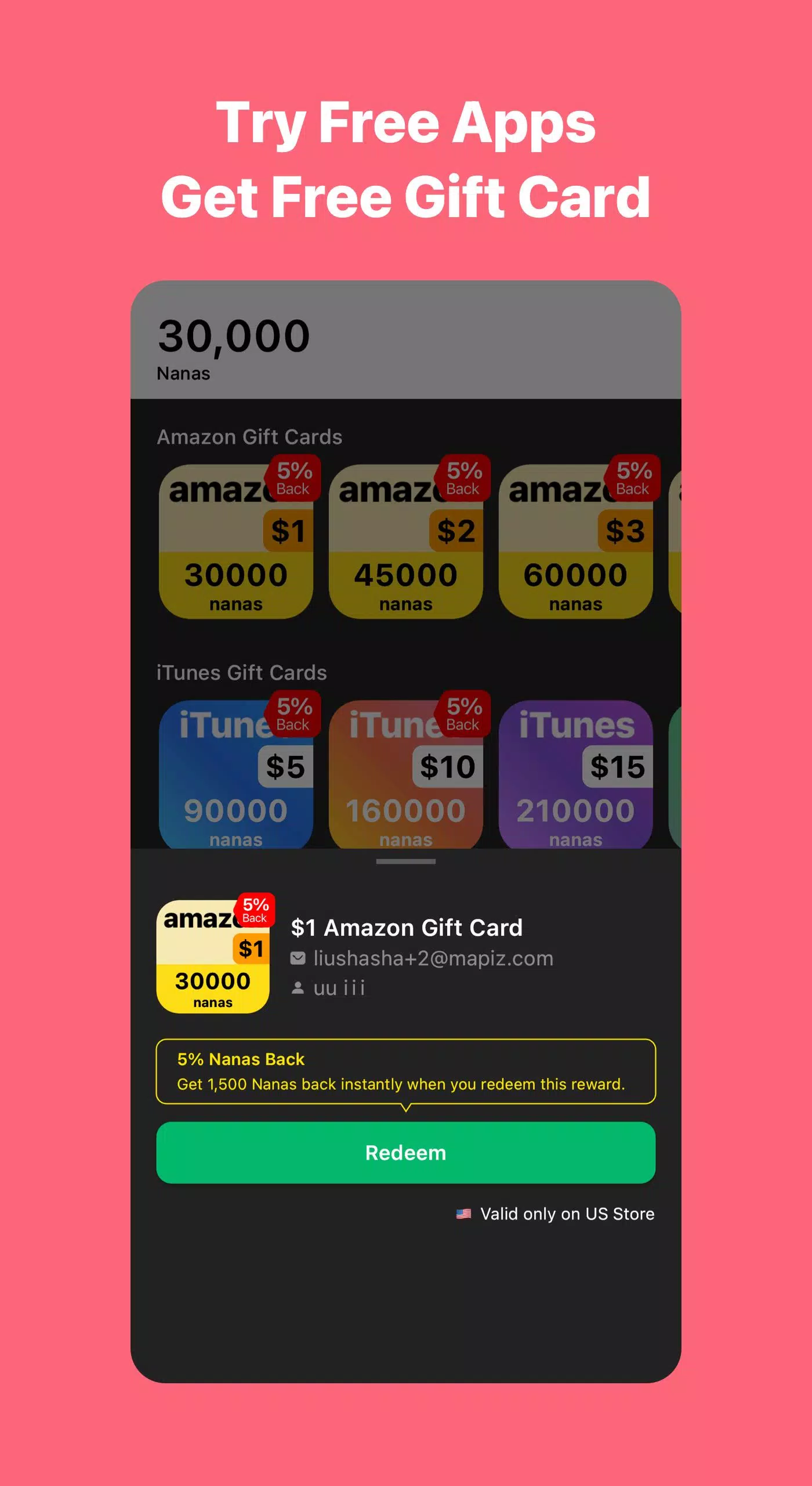 AppNana: cartões-presente Captura de tela 1