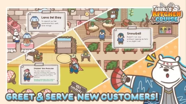 un oso polar tratando de atender a los clientes y dirigir un restaurante