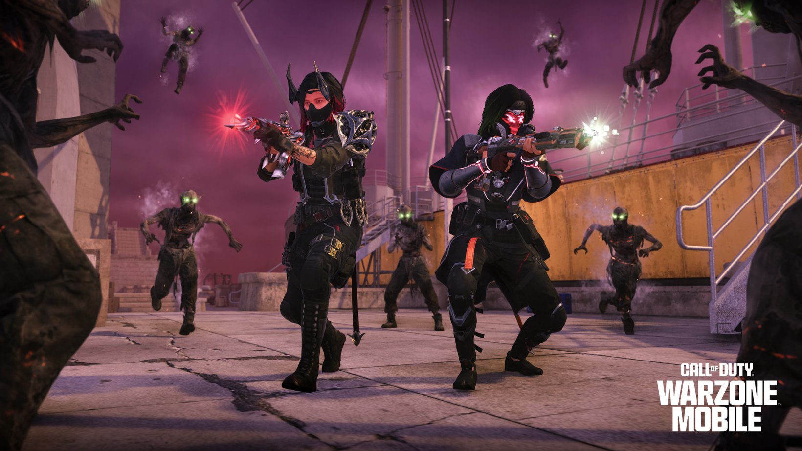 Dos operadores rodeados de varios zombis