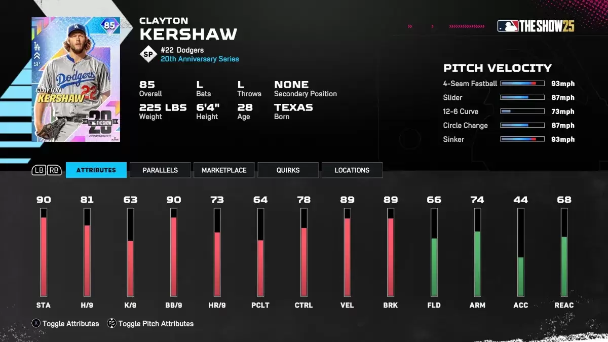 20 -jähriges Jubiläum Clayton Kershaw Card in MLB Die Show 25.